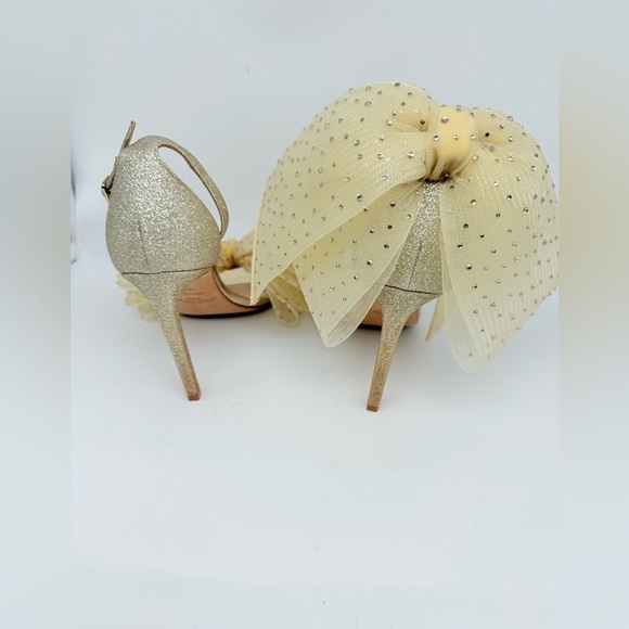 JIMMY CHOO Ivory Gold Aveline 100 bow Crystal embellished bow sandals EU 38.5 - Picture 6 of 13